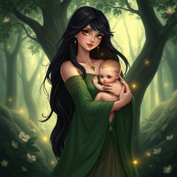 An enchanting illustration of Lilith, directly inspired by the first image you provided, holding her child tenderly in her arms