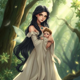 An enchanting illustration of Lilith, directly inspired by the first image you provided, holding her child tenderly in her arms