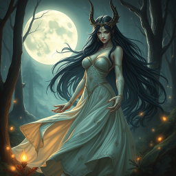 A captivating scene of Lilith based on the original concept, where she is depicted with her long, flowing dark hair cascading down elegantly