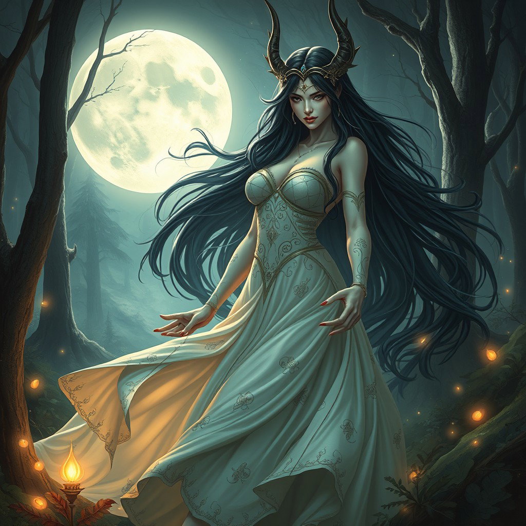 A captivating scene of Lilith based on the original concept, where she is depicted with her long, flowing dark hair cascading down elegantly