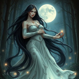 A captivating scene of Lilith based on the original concept, where she is depicted with her long, flowing dark hair cascading down elegantly