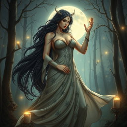 A captivating scene of Lilith based on the original concept, where she is depicted with her long, flowing dark hair cascading down elegantly