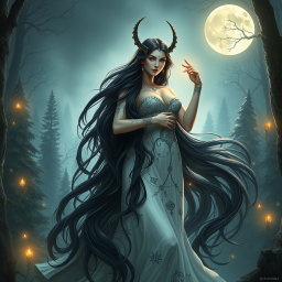 A captivating scene of Lilith based on the original concept, where she is depicted with her long, flowing dark hair cascading down elegantly
