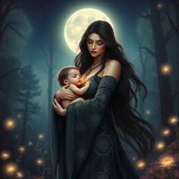 An enchanting scene of Lilith gently holding her child close to her heart, set against a mystical forest backdrop under a radiant full moon