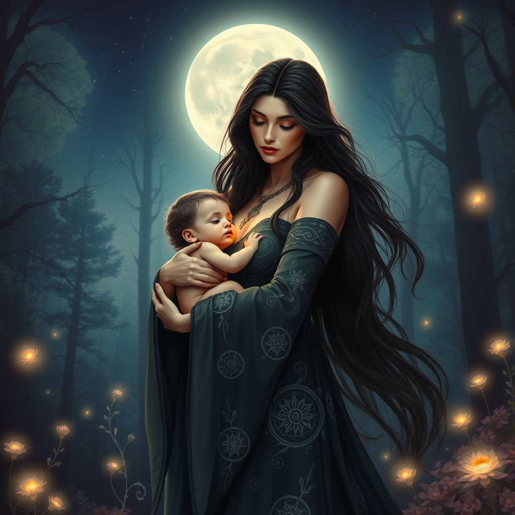 An enchanting scene of Lilith gently holding her child close to her heart, set against a mystical forest backdrop under a radiant full moon