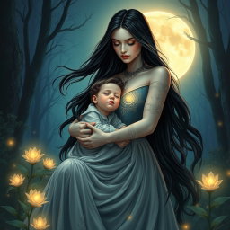 An enchanting scene of Lilith gently holding her child close to her heart, set against a mystical forest backdrop under a radiant full moon