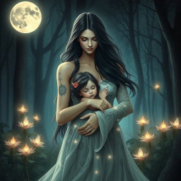 An enchanting scene of Lilith gently holding her child close to her heart, set against a mystical forest backdrop under a radiant full moon