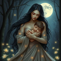 An enchanting scene of Lilith gently holding her child close to her heart, set against a mystical forest backdrop under a radiant full moon