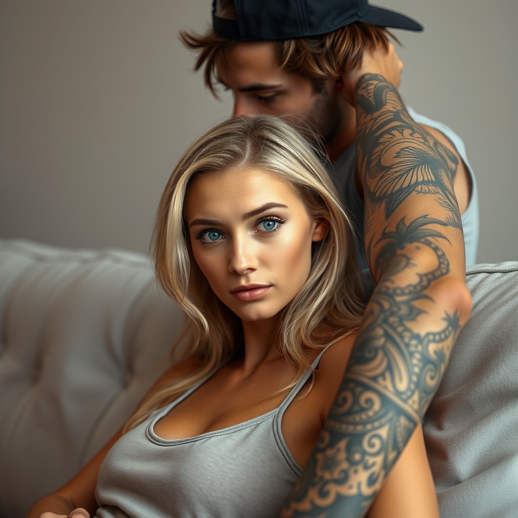 A realistic photograph capturing an intimate moment between a Caucasian female with striking blue eyes and flowing blonde hair, sitting comfortably on a light grey modern couch