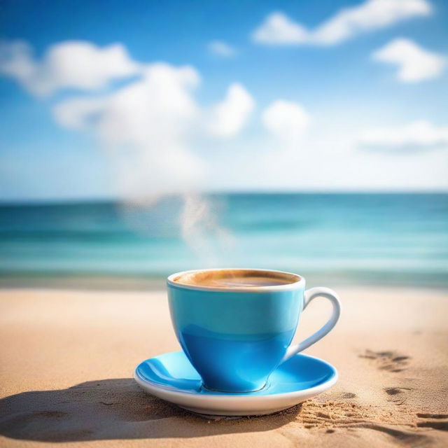 A vibrant image of a steaming cup of coffee resting on a sandy beach, with clear blue sea and sky in the background.