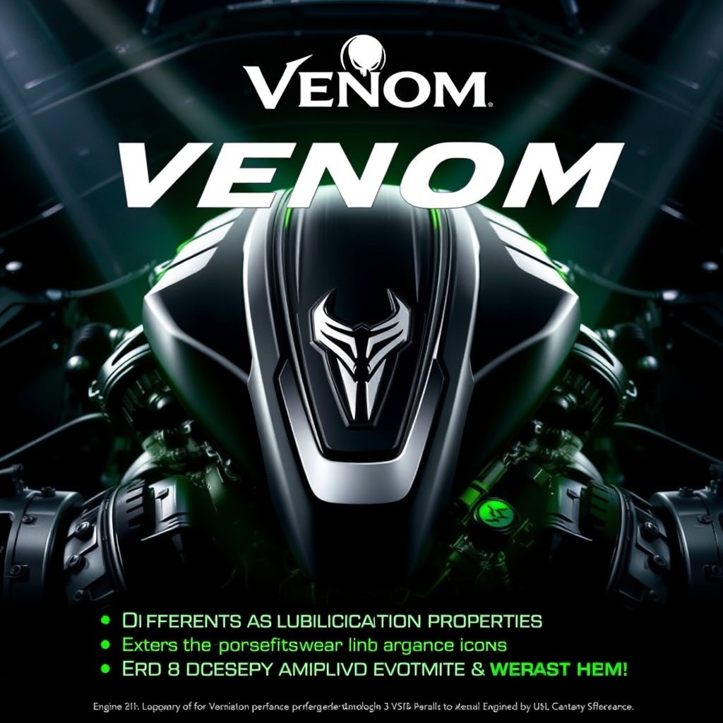 A striking promotional poster for Venom engine oil, featuring an aggressive yet sleek design