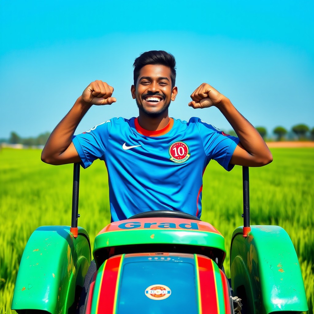 A vibrant scene featuring a famous football player in a cheerful and lighthearted mood, sitting confidently on a tractor