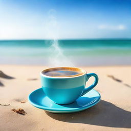 A vibrant image of a steaming cup of coffee resting on a sandy beach, with clear blue sea and sky in the background.