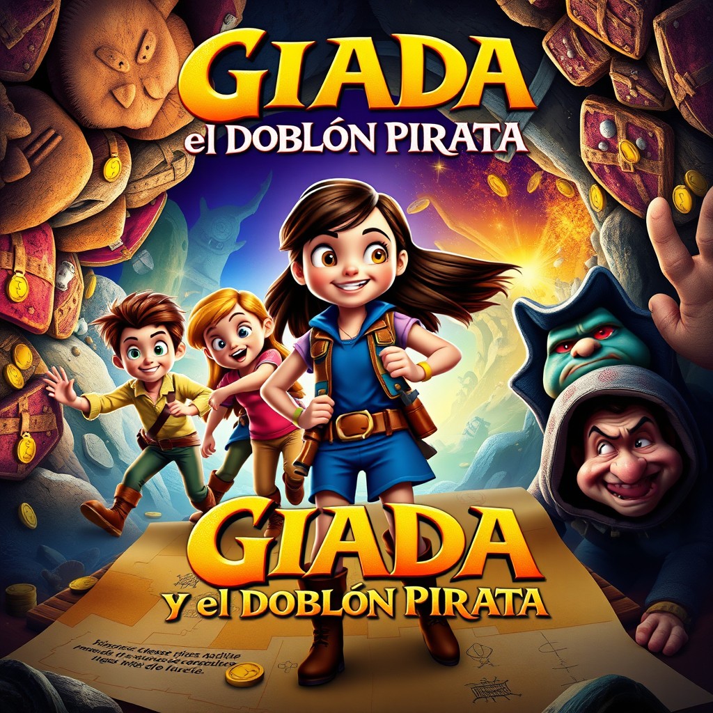 A vibrant movie poster for the film titled "Giada y el Doblón Pirata", featuring a courageous girl named Giada as the central protagonist