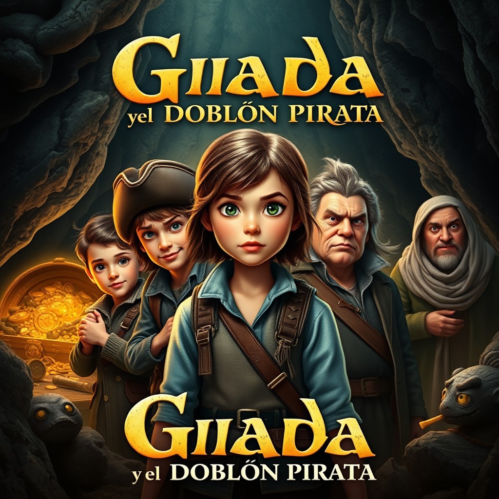 A realistic movie poster for the film titled "Giada y el Doblón Pirata", featuring a brave young girl named Giada as the main character, with a determined look on her face
