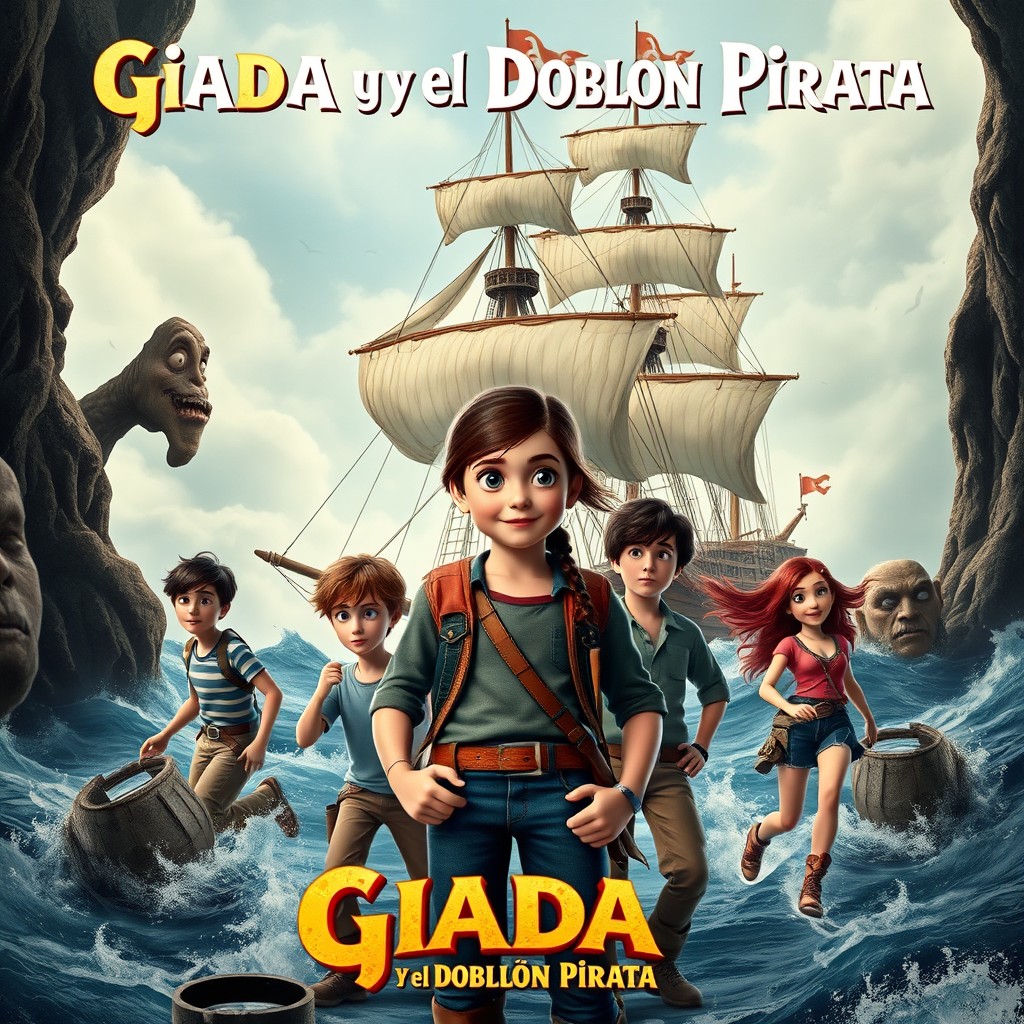A dynamic and realistic movie poster for the film titled "Giada y el Doblón Pirata", showcasing the brave young girl Giada as the central protagonist