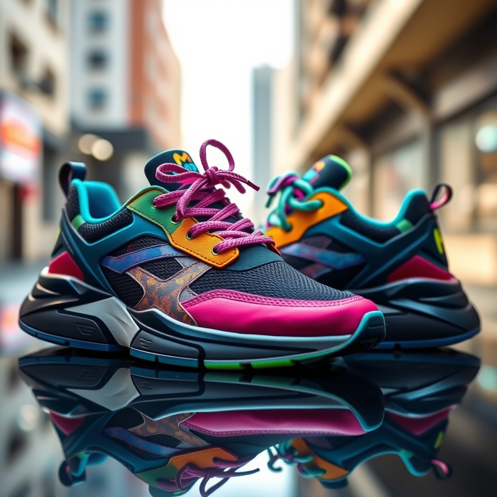 A pair of stylish and colorful sneakers, showcasing modern design features such as a sleek silhouette, vibrant colors with a gradient effect, and intricate patterns