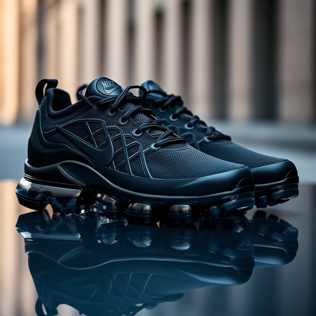 A stunning showcase of the Nike VaporMax Plus VM in a triple black colorway, presented in a dynamic and appealing manner