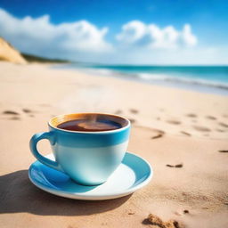 A vibrant image of a steaming cup of coffee resting on a sandy beach, with clear blue sea and sky in the background.