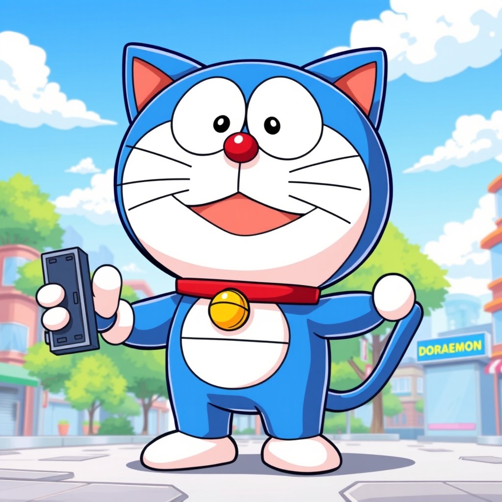 A vibrant, cartoon-style illustration of a blue robotic cat named Doraemon, standing on two feet and wearing his signature red collar with a small bell