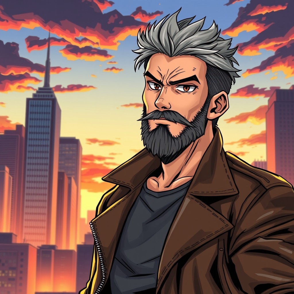 A dynamic manga character design featuring a 40-year-old male protagonist
