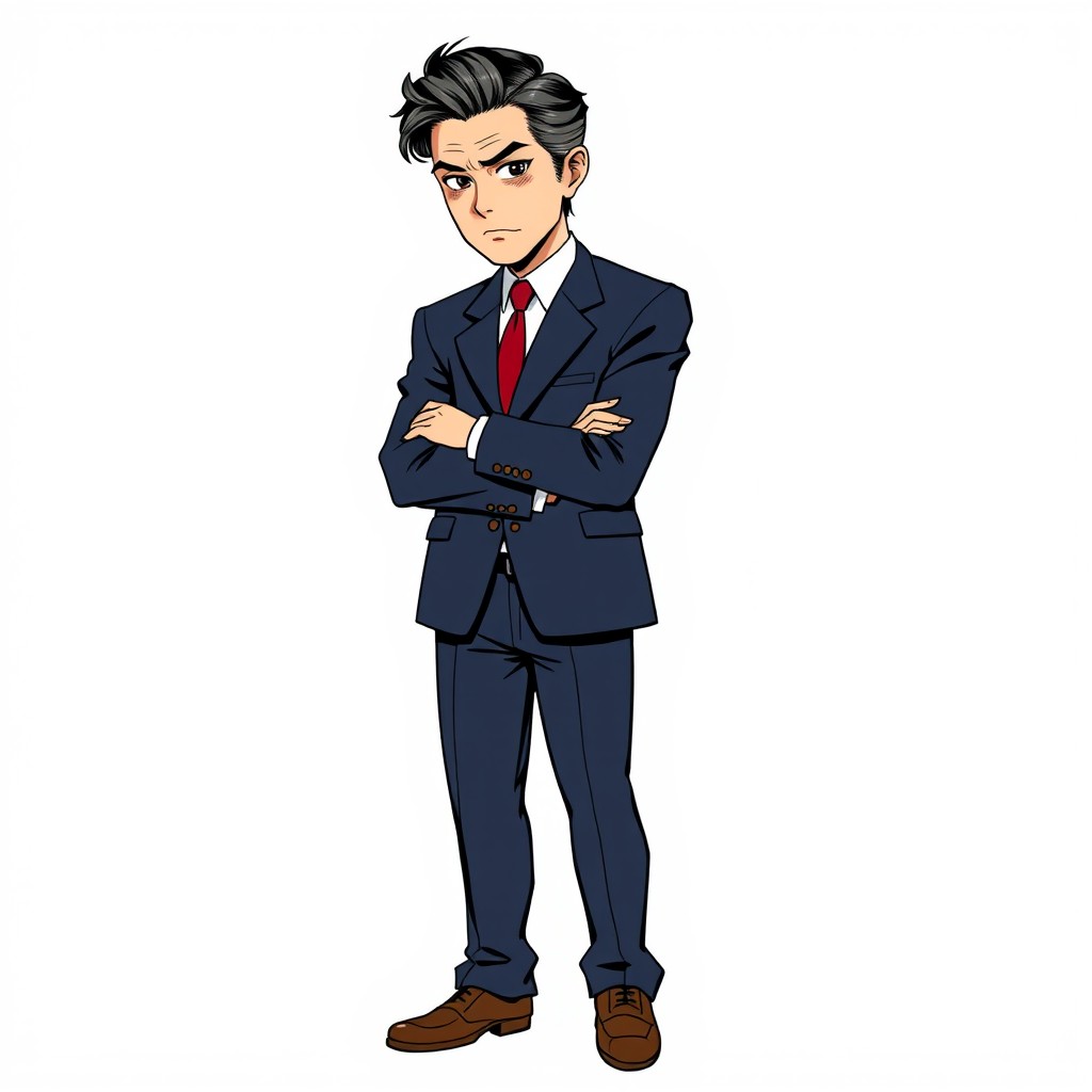 A full-body manga-style illustration of a late-40s Japanese businessman