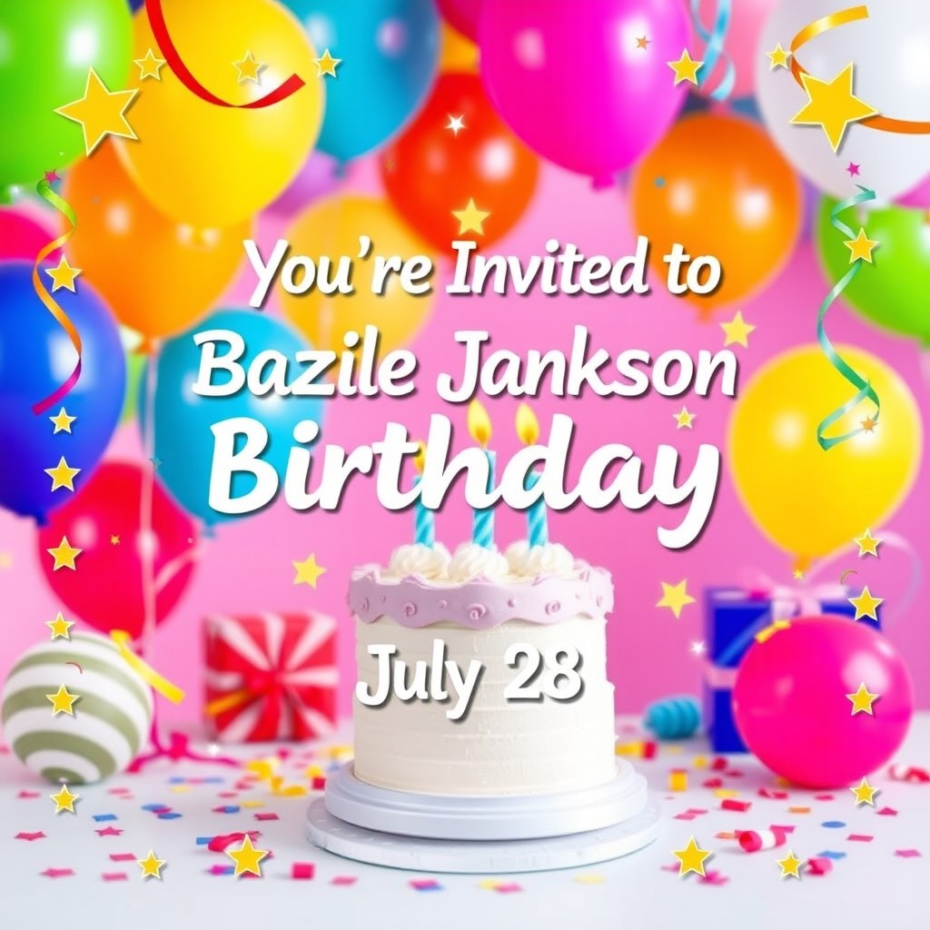 A beautifully designed birthday invitation card for Bazile Jackson's birthday party on July 28