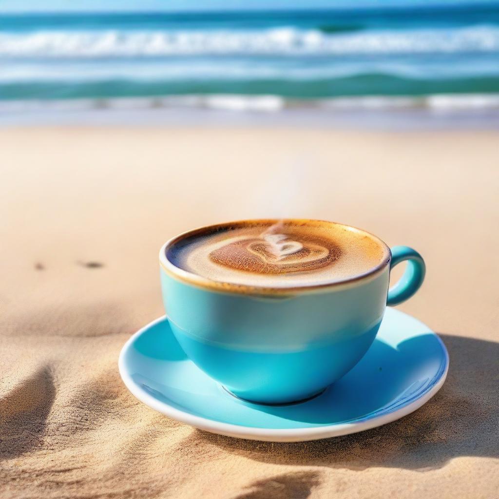 A vibrant image of a steaming cup of coffee resting on a sandy beach, with clear blue sea and sky in the background.