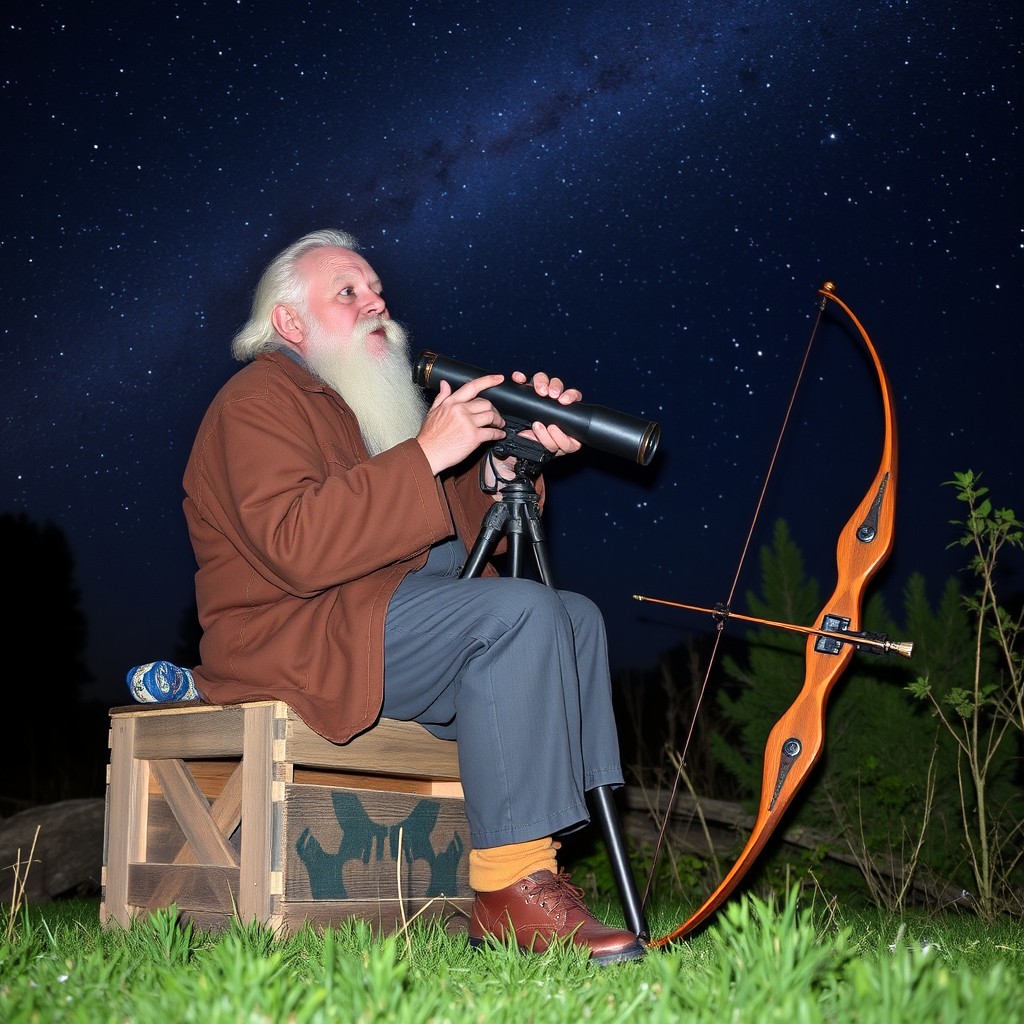 An elderly man with a long white beard sitting on a wooden box, gazing at the stars through a telescope