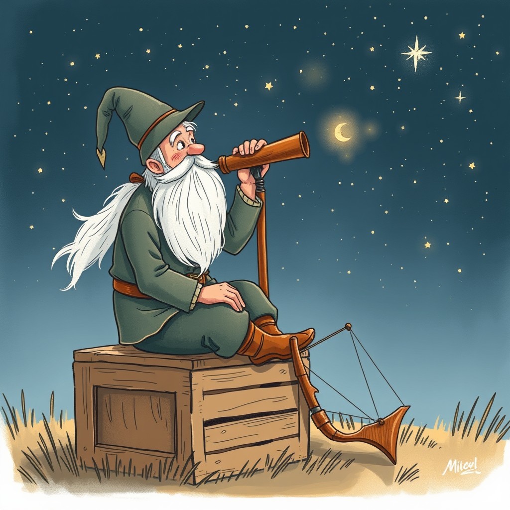An elderly man with a long white beard and a pointed hat is sitting on a wooden crate, gazing at the stars through a telescope
