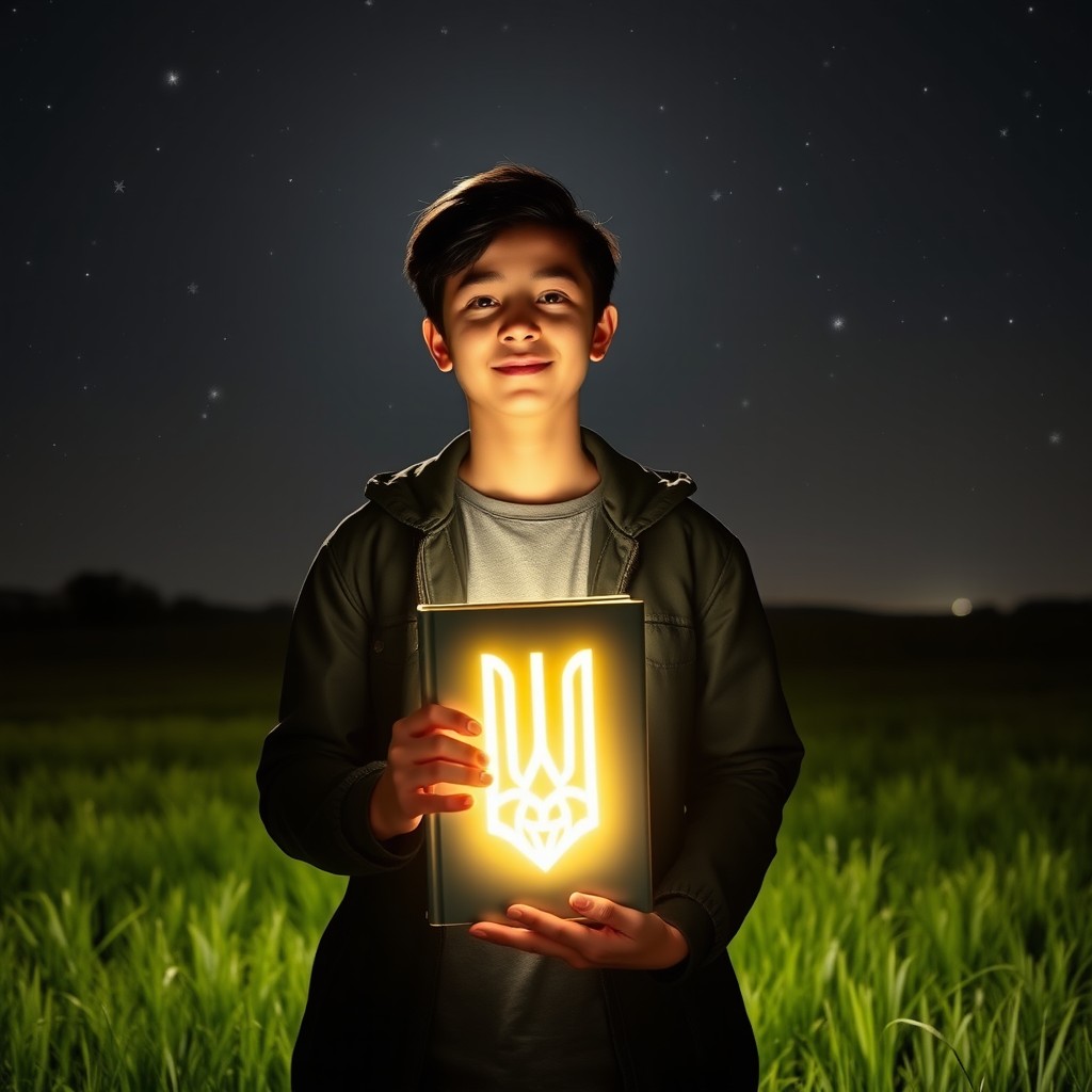 A young writer with black hair stands in the foreground of a night field, holding a glowing book adorned with the emblem of Ukraine