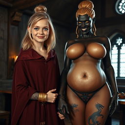 In a medieval room, a very happy, skinny 19-year-old blonde girl with medium-length hair, adorned with a thick gold bracelet, wearing a noble mantle with a high collar that closes at the neck