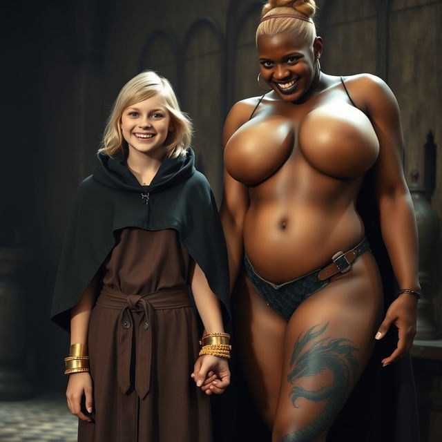 In a medieval room, a very happy, skinny 19-year-old blonde girl with medium-length hair, wearing a noble mantle with a high collar that closes at the neck, accompanied by a thick gold bracelet