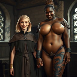 In a medieval room, a very happy, skinny 19-year-old blonde girl with medium-length hair, wearing a noble mantle with a high collar that closes at the neck, accompanied by a thick gold bracelet