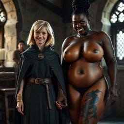 In a medieval room, a very happy, skinny 19-year-old blonde girl with medium-length hair, wearing a noble mantle with a high collar that closes at the neck, accompanied by a thick gold bracelet