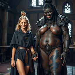 In a medieval room, a very happy, skinny 19-year-old blonde girl with medium-length hair is joyfully holding hands with a towering evil woman of African descent