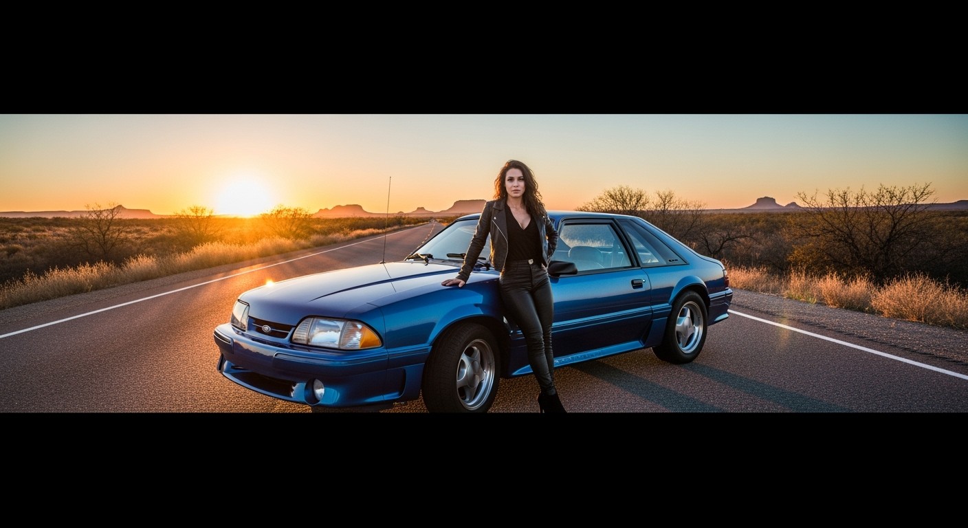 During the golden hour, a cinematic full shot captures an attractive brunette woman in a sleek black leather outfit that accentuates her strong, sculpted thighs as she leans confidently against a pristine 1989 Ford Mustang Coupe, which is in a deep, glossy sapphire blue