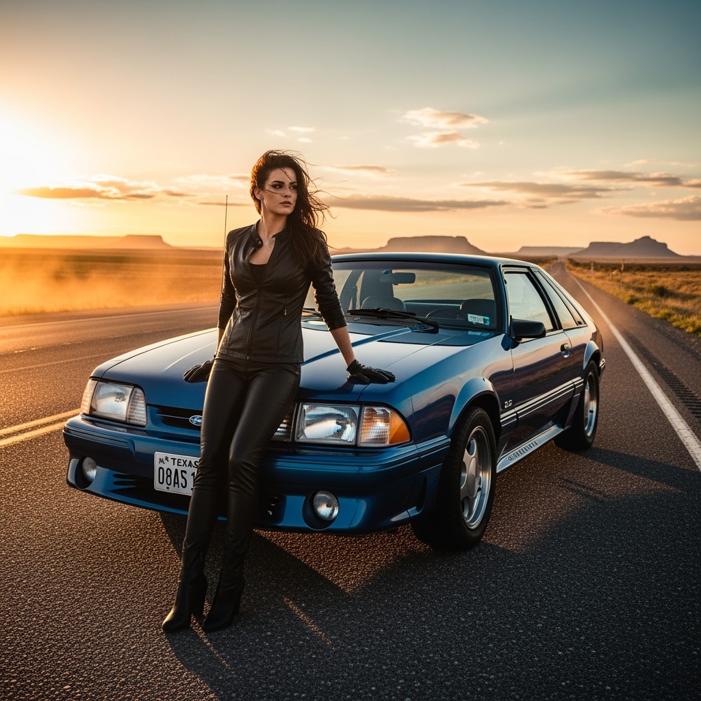 A golden hour, cinematic full shot of an attractive brunette in a sleek black leather outfit, confidently leaning against a pristine 1989 Ford Mustang Coupe in a deep, glossy sapphire blue
