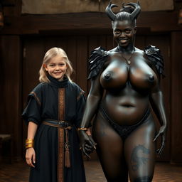 In a medieval room, a very happy, undernourished 19-year-old blonde girl who is quite short and has medium-length hair