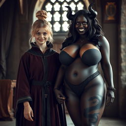 In a medieval room, a very happy, undernourished 19-year-old blonde girl who is quite short and has medium-length hair