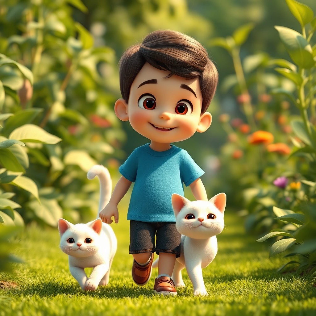 A 3D animated child wearing a blue t-shirt walking with his white cat in a lush green garden