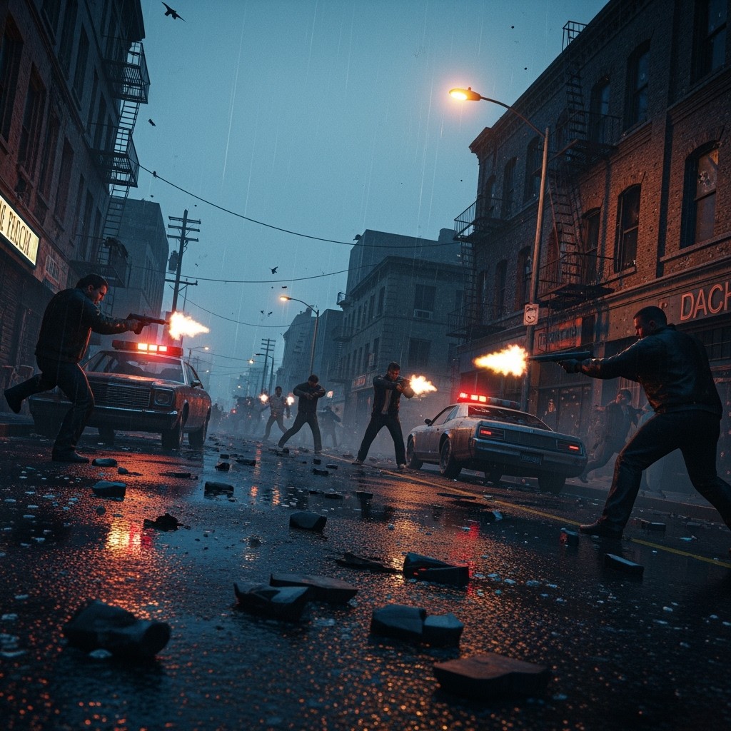 A gritty, cinematic still depicting a 1988 Los Angeles gang gunfight in a wide shot with a low-angle perspective, capturing the chaos of a bullet-riddled, neon-drenched street