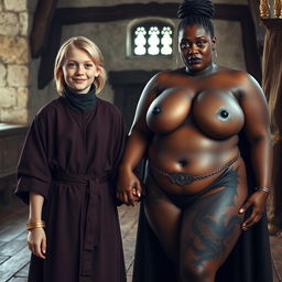 In a medieval room, a very happy and undernourished 19-year-old blonde girl, who is quite short with medium-length hair, wearing a noble robe with a high collar completely closed up to her neck