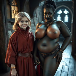 In a medieval room, a very happy and undernourished 19-year-old blonde girl, quite short with medium-length hair, dressed in a noble robe with a high collar fully closed up to her neck