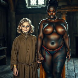 In a medieval room, a very happy and undernourished 19-year-old blonde girl, quite short with medium-length hair, dressed in a noble robe with a high collar fully closed up to her neck