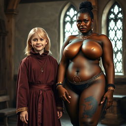 In a medieval room, a very happy and undernourished 19-year-old blonde girl, quite short with medium-length hair, dressed in a noble robe with a high collar fully closed up to her neck