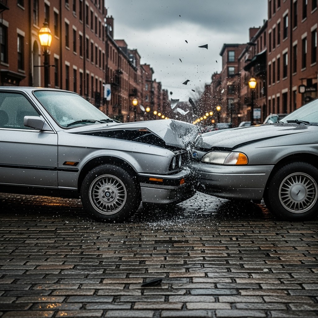A cinematic, high-speed collision captured at the moment of impact, featuring a gleaming silver E30 BMW four-door whose bodywork is contorting as it smashes into a muted grey 1988 Ford Taurus