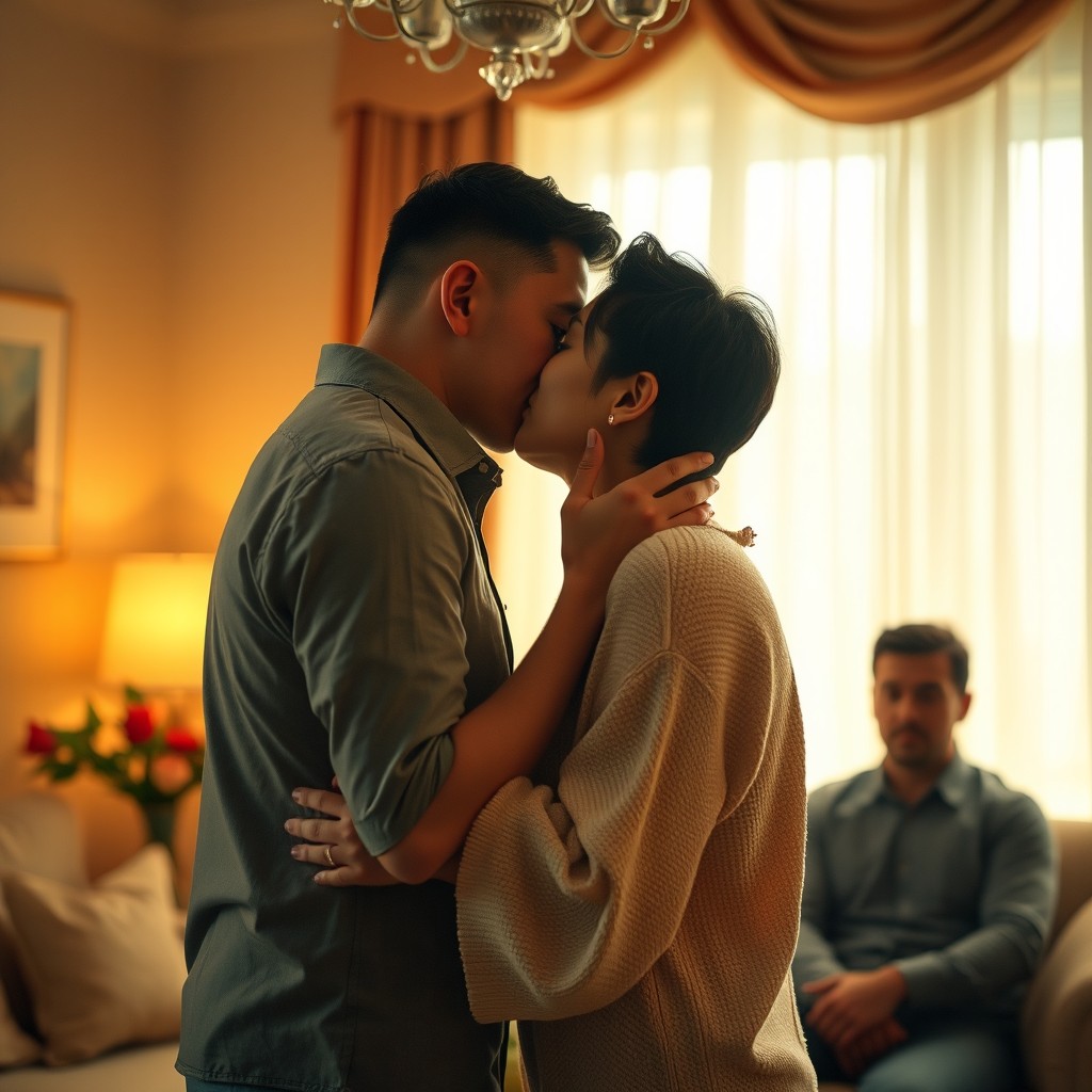 A romantic scene featuring an Asian woman and a white man sharing a tender kiss, captured in a soft, warm light that enhances the intimacy of the moment