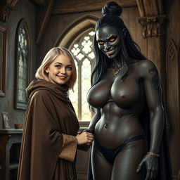 In a medieval room, a very happy young blonde woman, 19 years old, petite and malnourished, with medium-length hair, bright blue eyes, wearing a noble cloak with a high collar that reaches her neck, holding hands with an evil-looking woman
