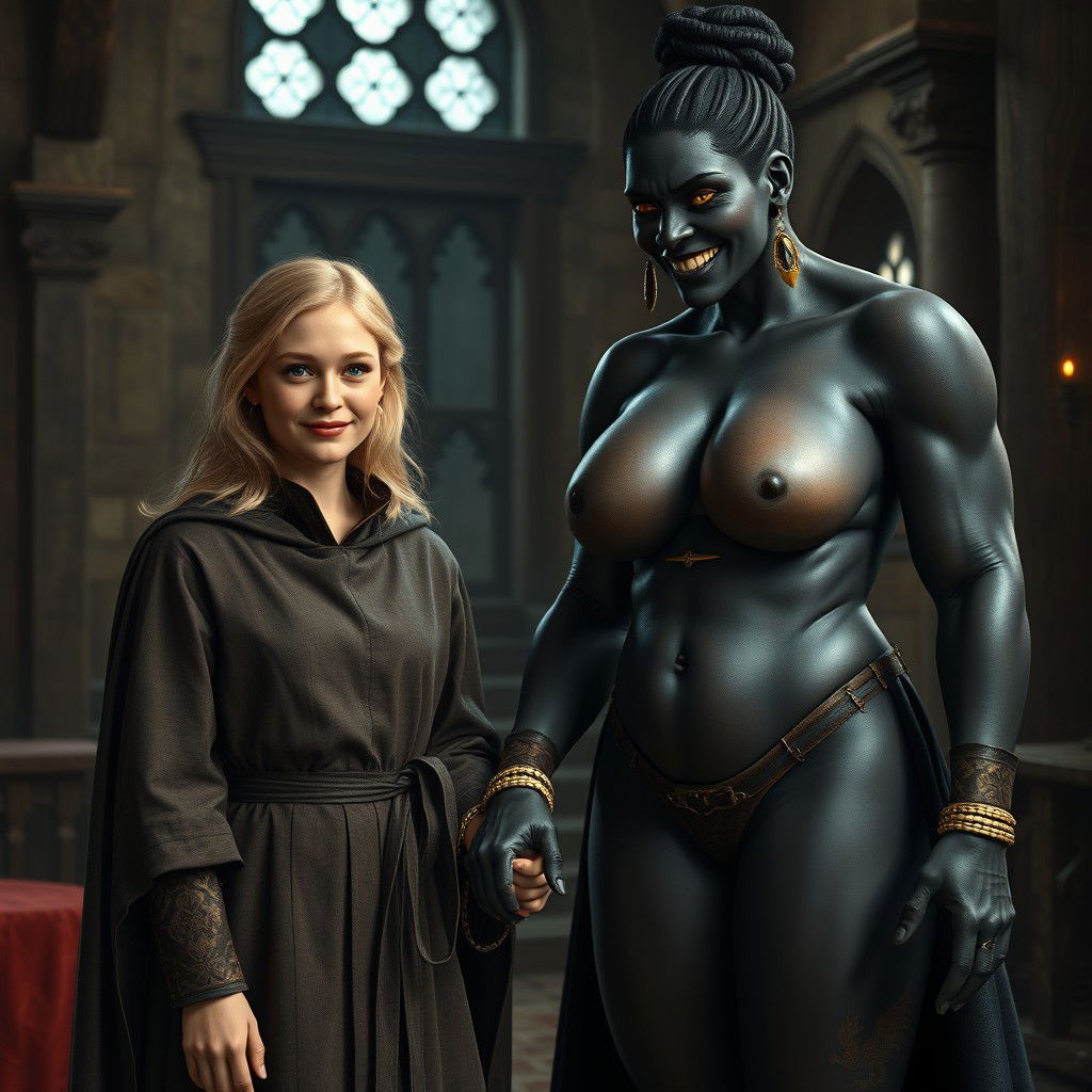 In a medieval room, a very happy 19-year-old petite blonde woman, appearing malnourished with medium-length hair and bright blue eyes, is dressed in an elegant noble cloak with a high collar that closes at her neck